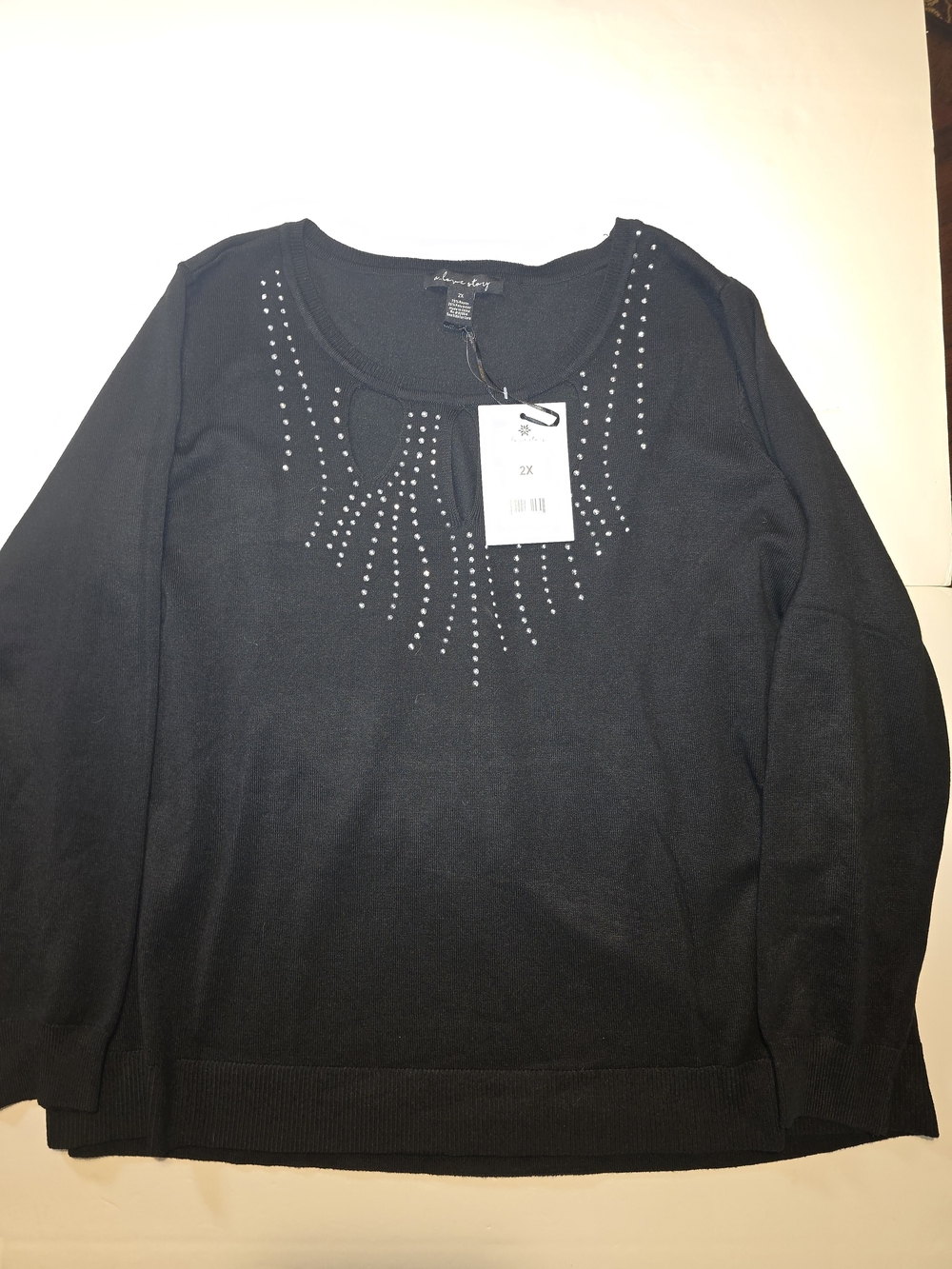Avenue Curve Black Scoop Neck Sweater with Silver Stud Accents - 2X